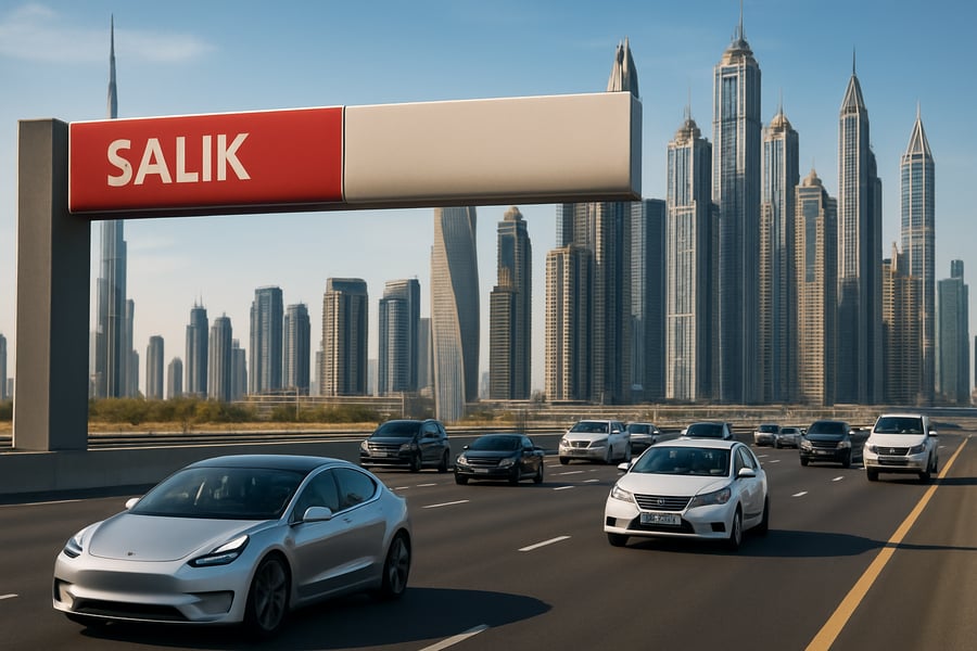 Dubai toll road with modern vehicles and skyline