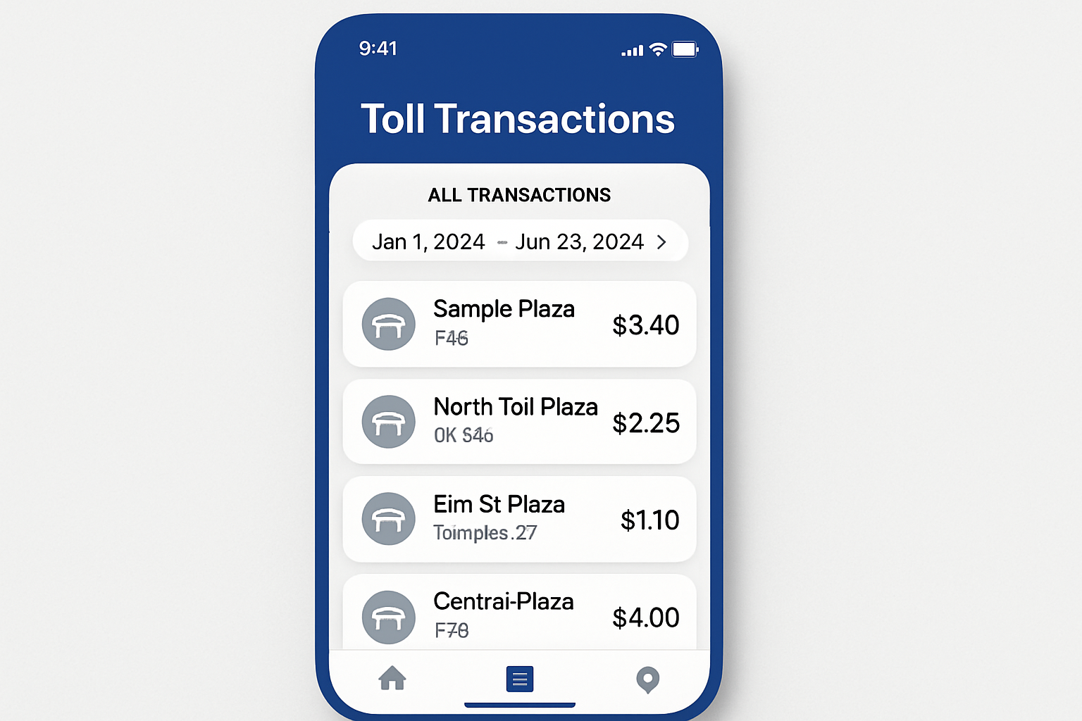 Mobile app displaying toll transactions